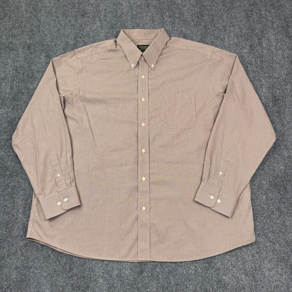 Eddie Bauer Mens Relaxed Fit XXL Tan Check Button Down Shirt Cotton LS Pleated